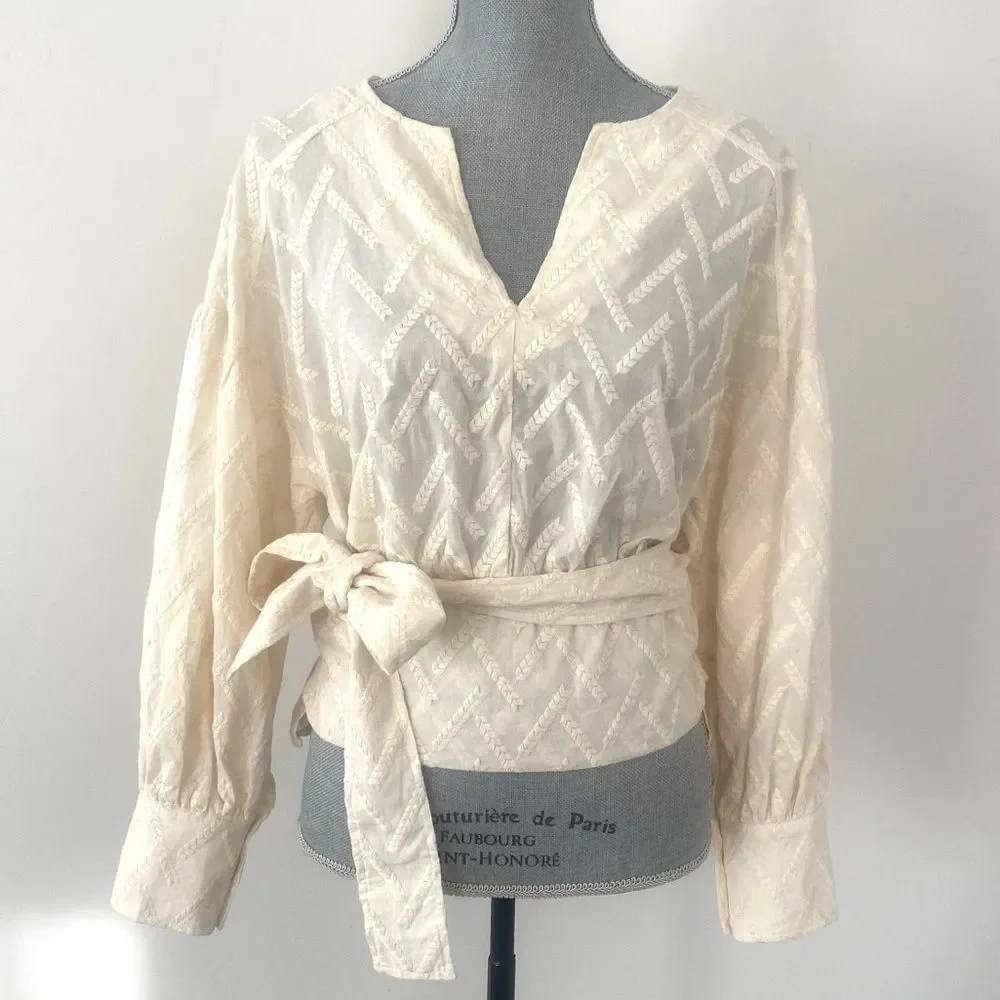 Odile Anthropologie Cream Embroidery Puff Sleeve Blouse Top Tie Waist Sz 3 / XL